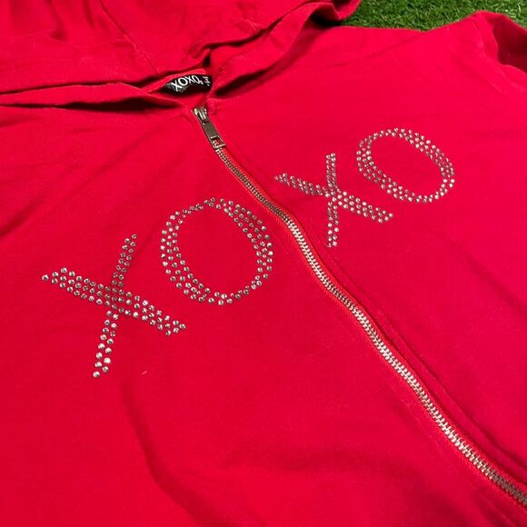XOXO Red cropped zip up hoodie with rhinestone logo (XL) - Picture 5 of 5